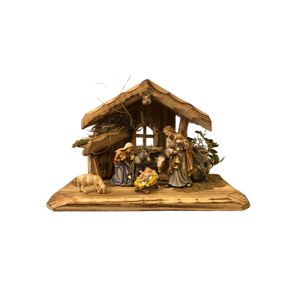 Set de crèche Kostner 8 pièces dans l'étable de Val Gardena