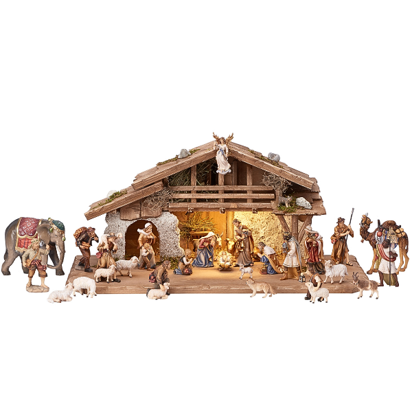 Crèche Kostner 30 pièces dans l'étable alpine