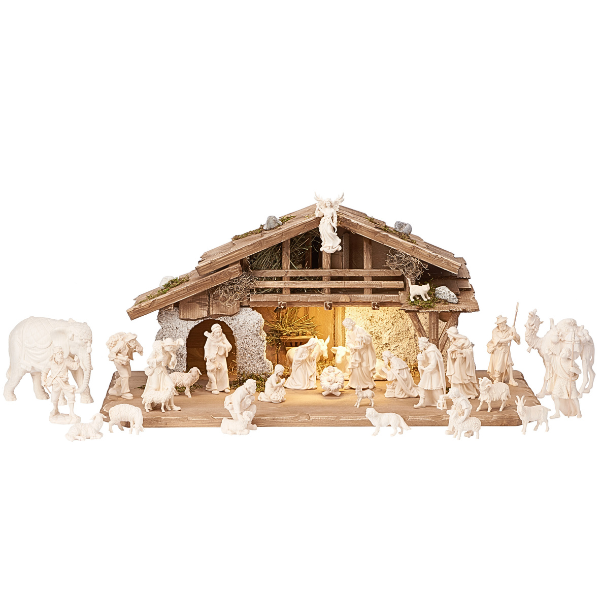 Crèche Kostner 30 pièces dans l'étable alpine