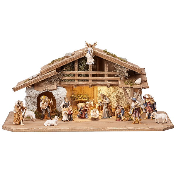 Crèche de Kostner 17 pièces dans l'étable alpine